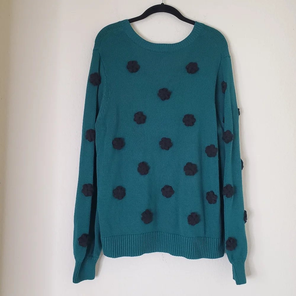 Lilly Pulitzer Wyla Sweater XL Villa Green Tossed Crochet Flowers VNeck Knit Pom